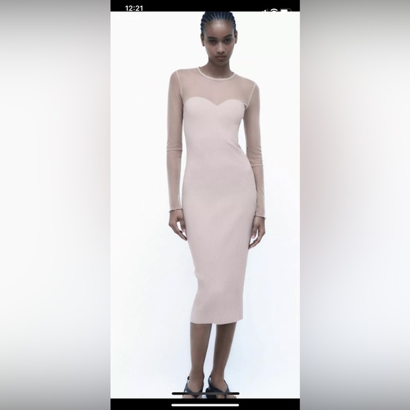 Zara COMBINATION Tulle KNIT DRESS SHEER FABRIC Shoulder And Sleeves Size L - Picture 2 of 10